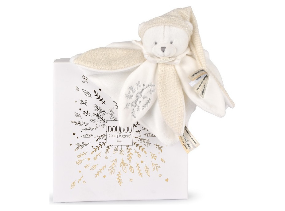 Doudou Dárková sada Plyšový muchláček medvídek s čepičkou 25 cm béžový