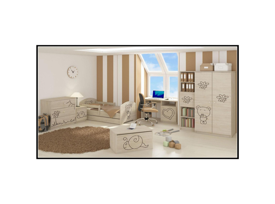Dětská postel s výřezem MÉĎA 140x70 cm, dub sonoma + matrace, 2x krátká zábrana, šuplík