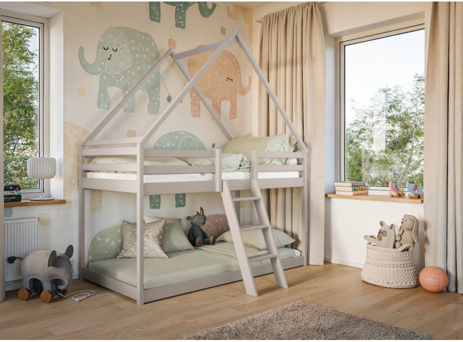 Dětská patrová domečková postel s Montessori lůžkem z masivu borovice SVEN - 200x90 cm - KAŠMÍROVÁ