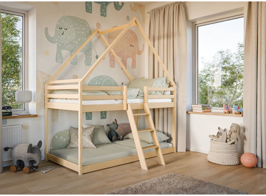 Dětská patrová domečková postel s Montessori lůžkem z masivu borovice SVEN - 180x80 cm - PŘÍRODNÍ