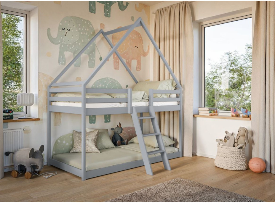 Dětská patrová domečková postel s Montessori lůžkem z masivu borovice SVEN - 200x90 cm - ŠEDÁ