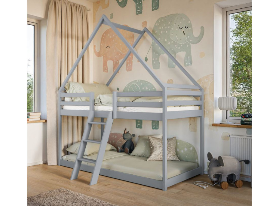 Dětská patrová domečková postel s Montessori lůžkem z masivu borovice SVEN - 180x80 cm - ŠEDÁ
