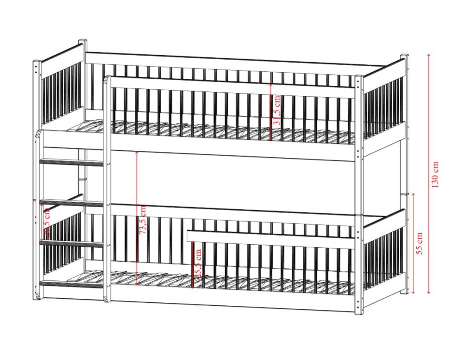 Dětská patrová postel s Montessori lůžkem z masivu borovice BOLEK - 200x90 cm - OLIVOVĚ ZELENÁ