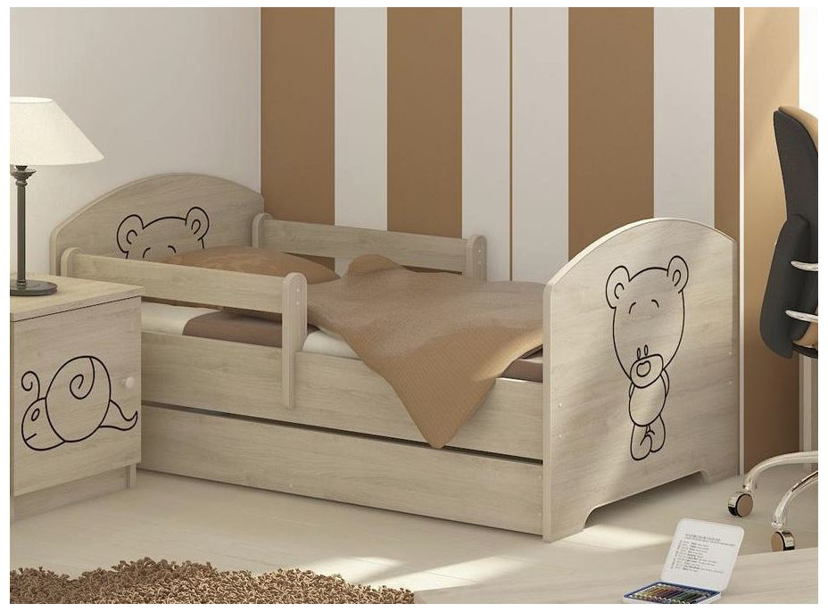 Dětská postel s výřezem MÉĎA 140x70 cm, dub sonoma + matrace, 2x krátká zábrana, šuplík