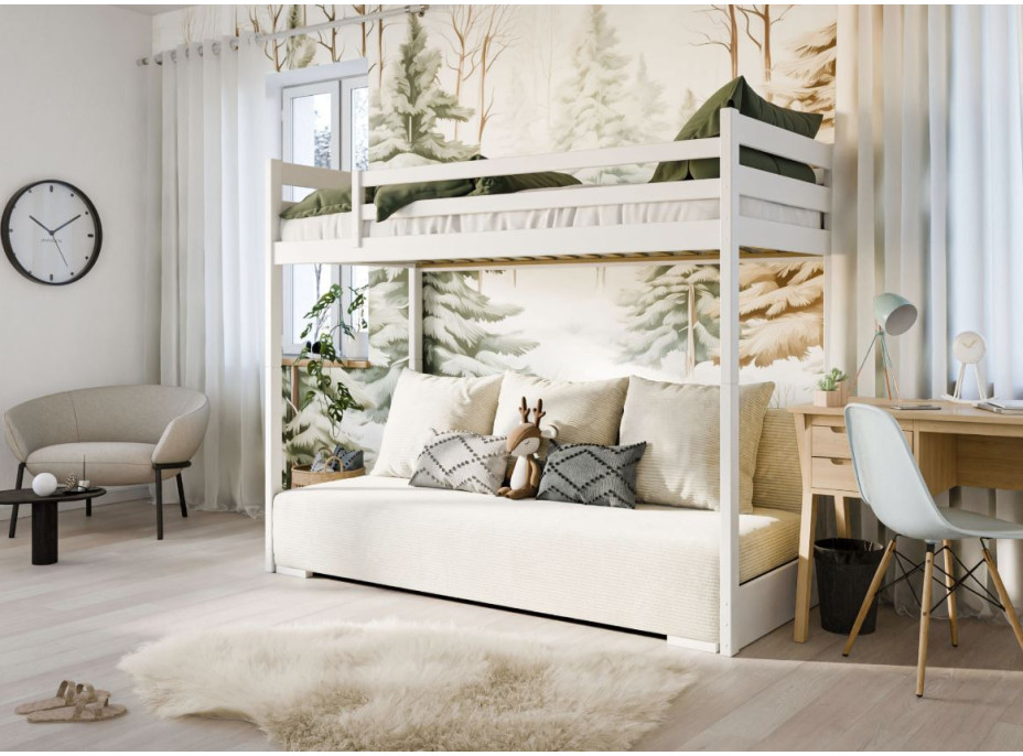 Vyvýšená postel z masivu borovice s rozkládací pohovkou SOFIE - 200x90/140 cm - bílá/béžová