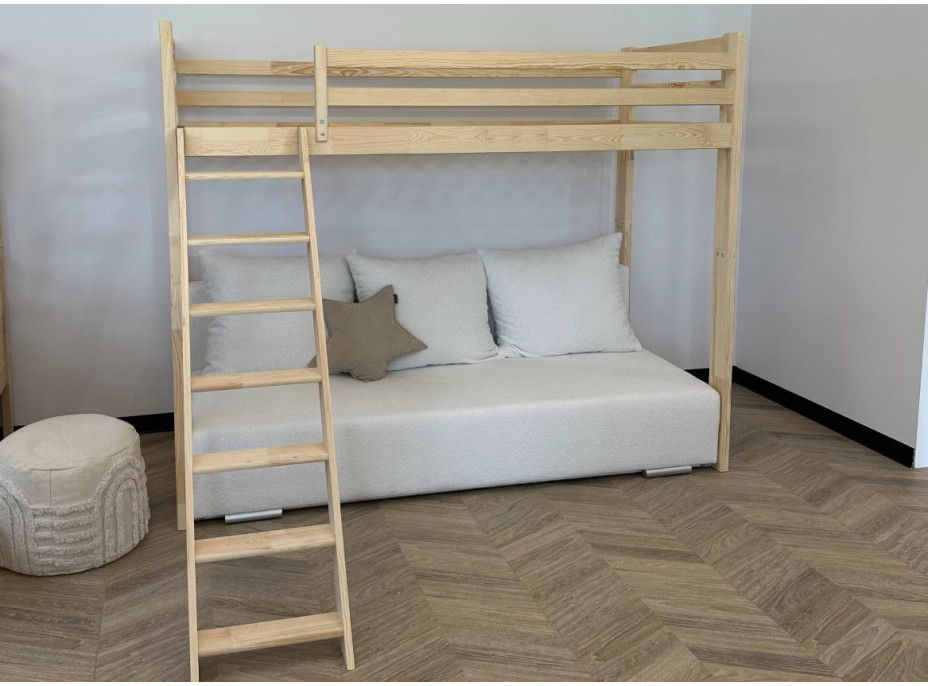 Vyvýšená postel z masivu borovice s rozkládací pohovkou SOFIE - 200x90/140 cm - přírodní/šedá