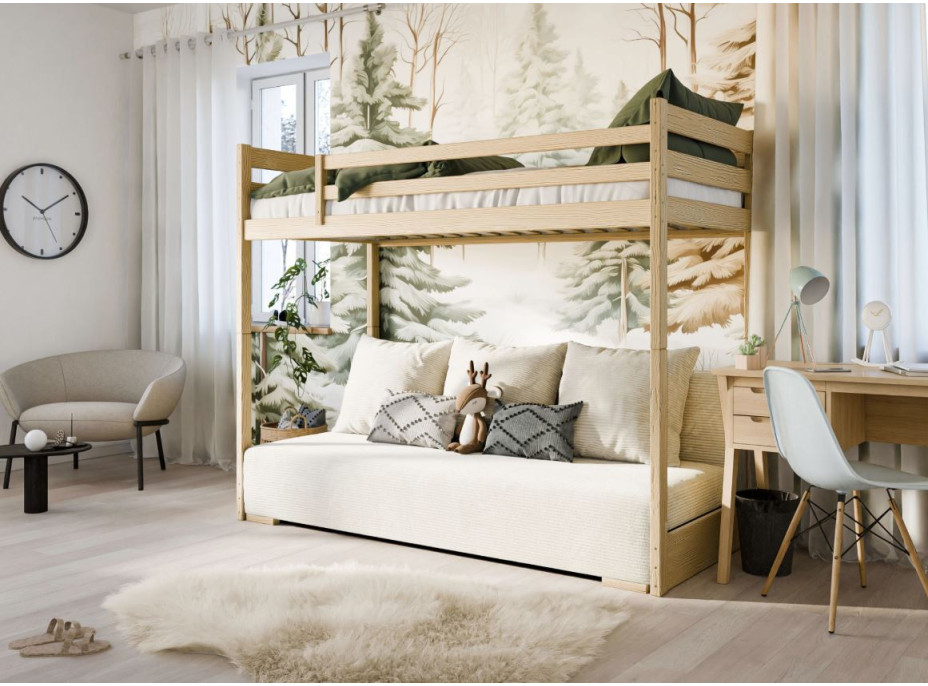 Vyvýšená postel z masivu borovice s rozkládací pohovkou SOFIE - 200x90/140 cm - přírodní/béžová