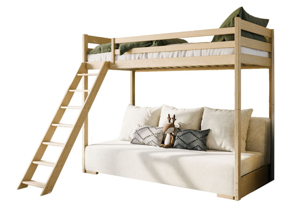 Vyvýšená postel z masivu borovice s rozkládací pohovkou SOFIE - 200x90/140 cm - přírodní/béžová