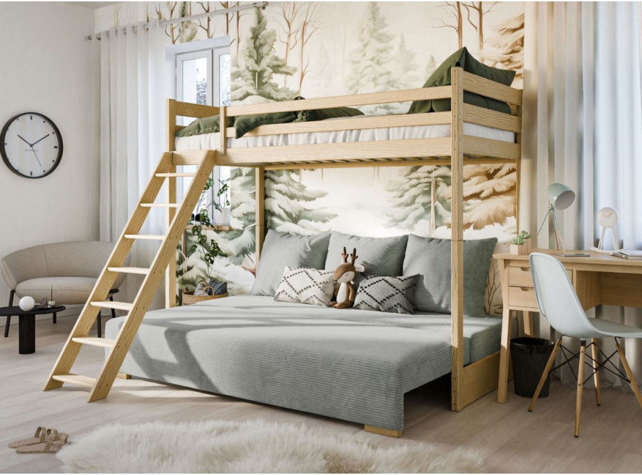 Vyvýšená postel z masivu borovice s rozkládací pohovkou SOFIE - 200x90/140 cm - přírodní/šedá