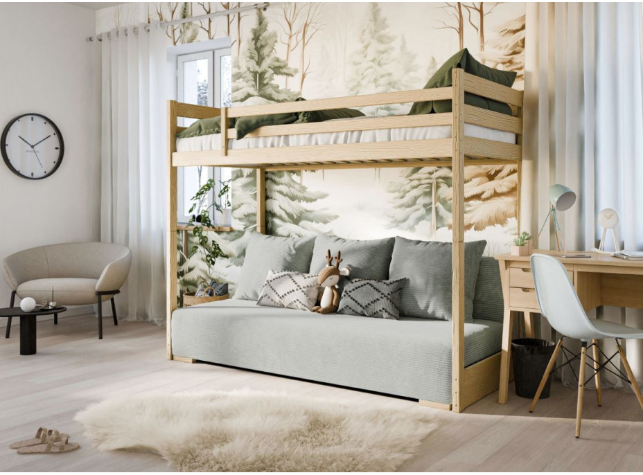Vyvýšená postel z masivu borovice s rozkládací pohovkou SOFIE - 200x90/140 cm - přírodní/šedá