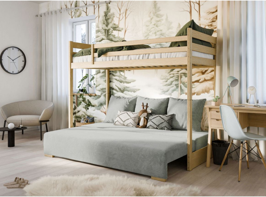 Vyvýšená postel z masivu borovice s rozkládací pohovkou SOFIE - 200x90/140 cm - přírodní/šedá