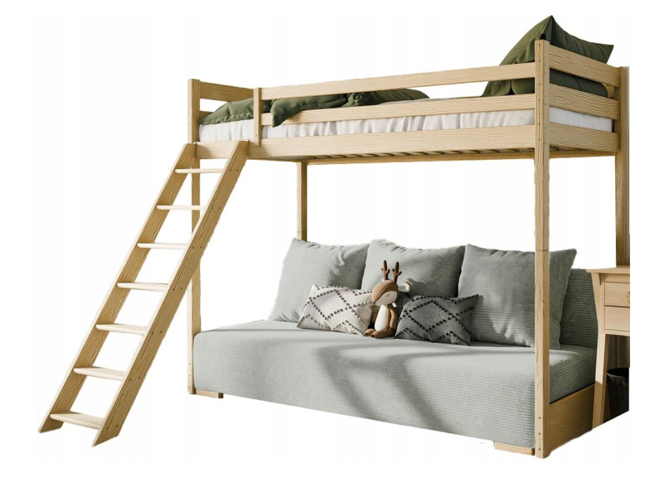 Vyvýšená postel z masivu borovice s rozkládací pohovkou SOFIE - 200x90/140 cm - přírodní/šedá