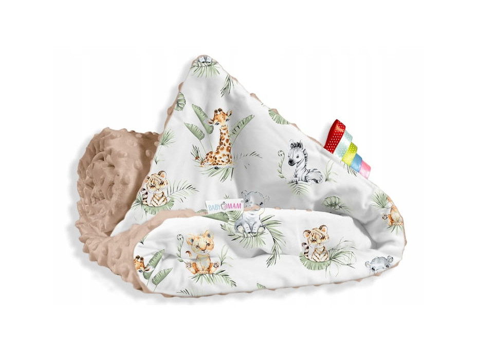 Dětská deka do kočárku s polštářkem a motýlkem - BABYMAM PREMIUM set 3v1 - Africká zvířátka s béžovou minky