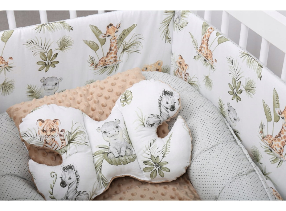 Dětská deka do kočárku s polštářkem a motýlkem - BABYMAM PREMIUM set 3v1 - Africká zvířátka s béžovou minky