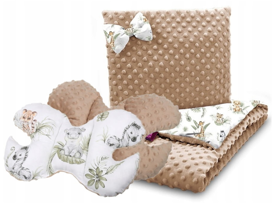 Dětská deka do kočárku s polštářkem a motýlkem - BABYMAM PREMIUM set 3v1 - Africká zvířátka s béžovou minky