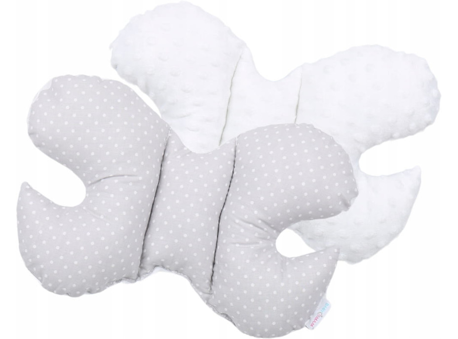 Dětská deka do kočárku s polštářkem a motýlkem - BABYMAM PREMIUM set 3v1 - Bílé tečky na šedé s bílou minky