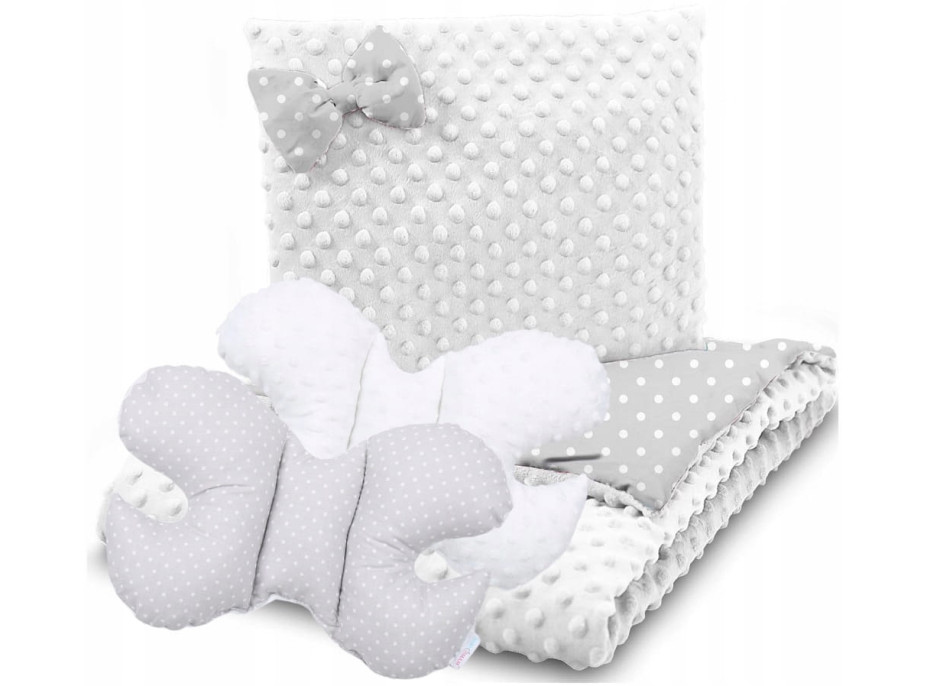 Dětská deka do kočárku s polštářkem a motýlkem - BABYMAM PREMIUM set 3v1 - Bílé tečky na šedé s bílou minky