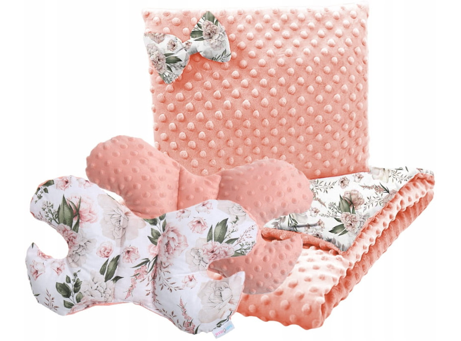 Dětská deka do kočárku s polštářkem a motýlkem - BABYMAM PREMIUM set 3v1 - Romantické květy s meruňkovou minky