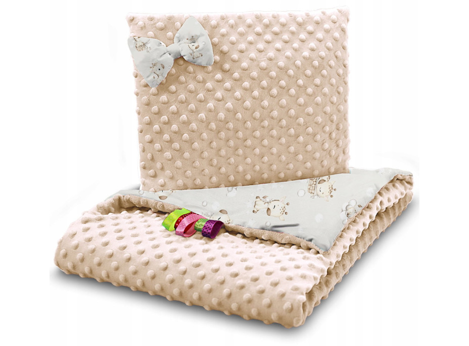 Dětská deka do kočárku s polštářkem a motýlkem - BABYMAM PREMIUM set 3v1 - Žirafa s béžovou minky