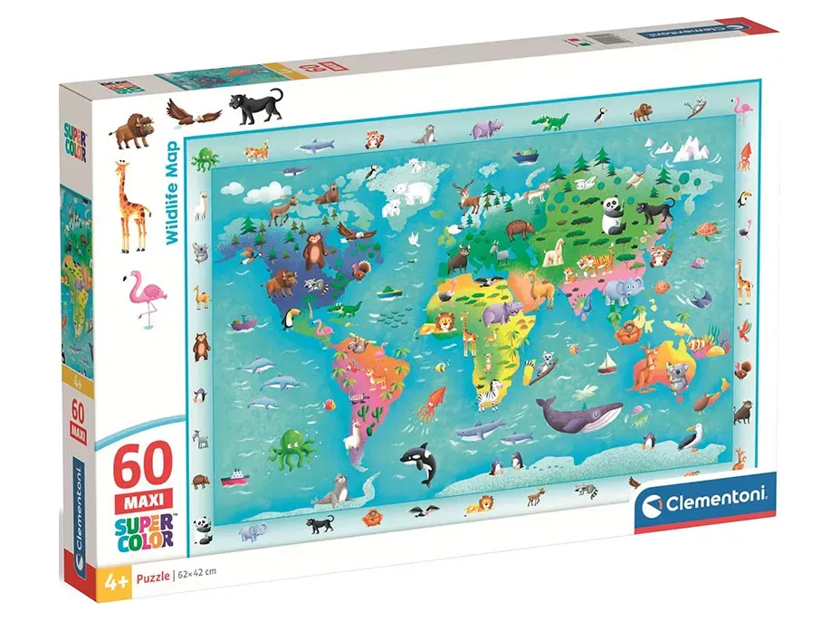 CLEMENTONI Puzzle s hledáním obrázků Mapa světa se zvířátky MAXI 60 dílků