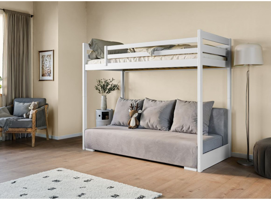 Vyvýšená postel z masivu borovice s rozkládací pohovkou SOFIE - 200x90/140 cm - bílá/šedá