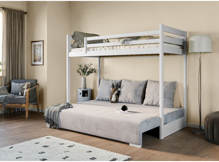 Vyvýšená postel z masivu borovice s rozkládací pohovkou SOFIE - 200x90/140 cm - bílá/šedá