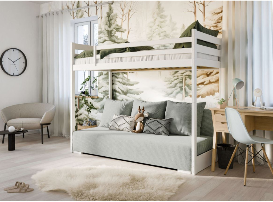 Vyvýšená postel z masivu borovice s rozkládací pohovkou SOFIE - 200x90/140 cm - bílá/šedá