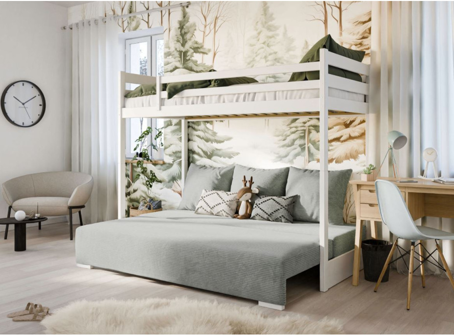 Vyvýšená postel z masivu borovice s rozkládací pohovkou SOFIE - 200x90/140 cm - bílá/šedá