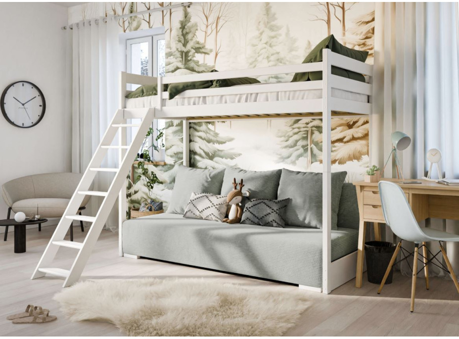 Vyvýšená postel z masivu borovice s rozkládací pohovkou SOFIE - 200x90/140 cm - bílá/šedá