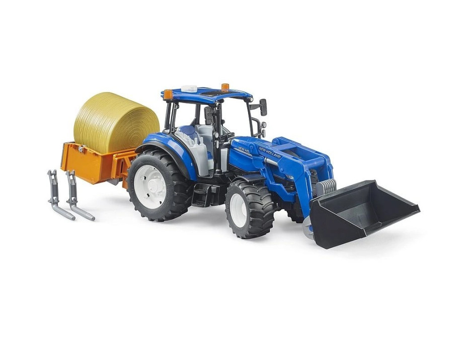Bruder Traktor New Holland T5.120 s čelním nakladačem, korbou, vidlemi a kulatým balíkem