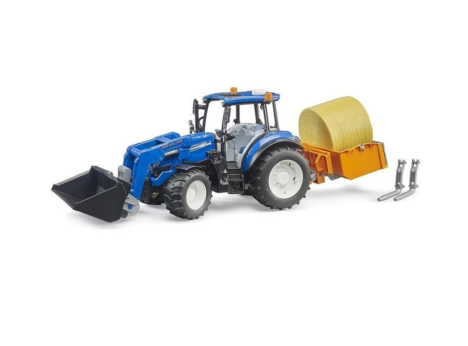 Bruder Traktor New Holland T5.120 s čelním nakladačem, korbou, vidlemi a kulatým balíkem