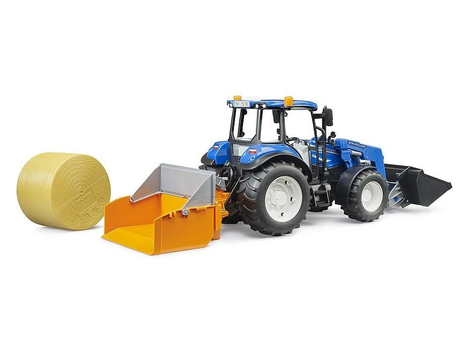 Bruder Traktor New Holland T5.120 s čelním nakladačem, korbou, vidlemi a kulatým balíkem