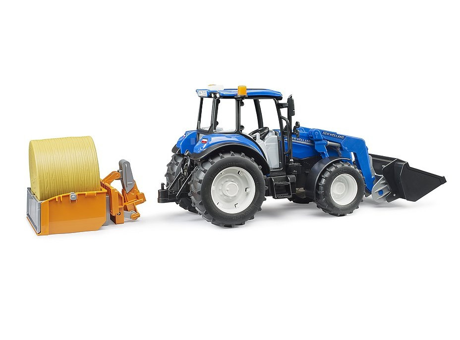 Bruder Traktor New Holland T5.120 s čelním nakladačem, korbou, vidlemi a kulatým balíkem