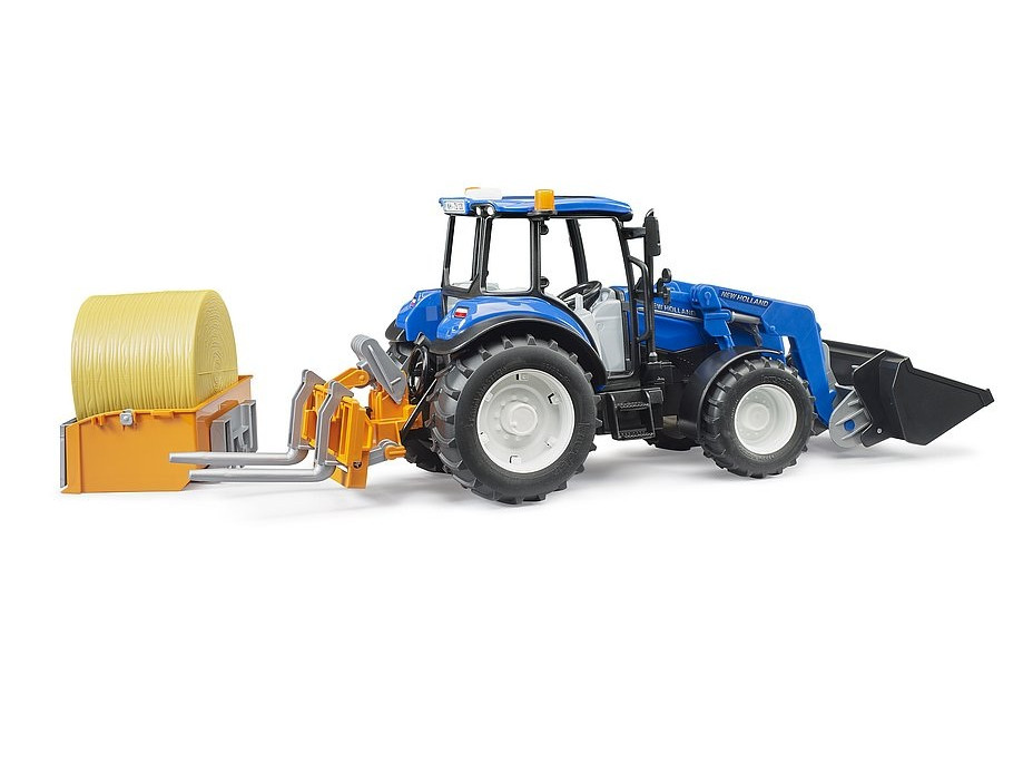 Bruder Traktor New Holland T5.120 s čelním nakladačem, korbou, vidlemi a kulatým balíkem