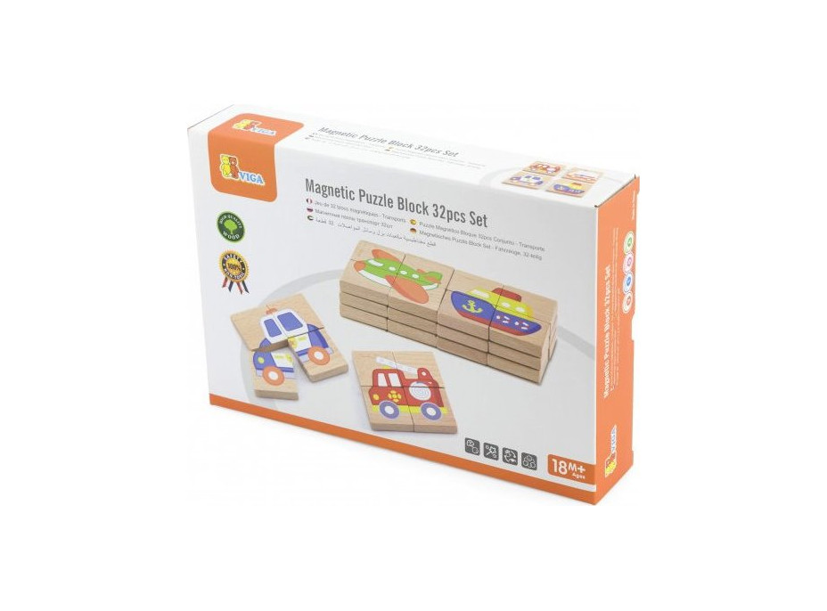 VIGA Dřevěné magnetické puzzle Dopravní prostředky 32 dílků