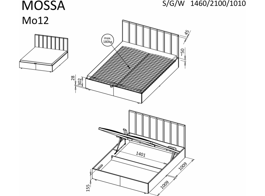 Postel MOSSA MO12 s úložným prostorem - 200x140 cm - krémová