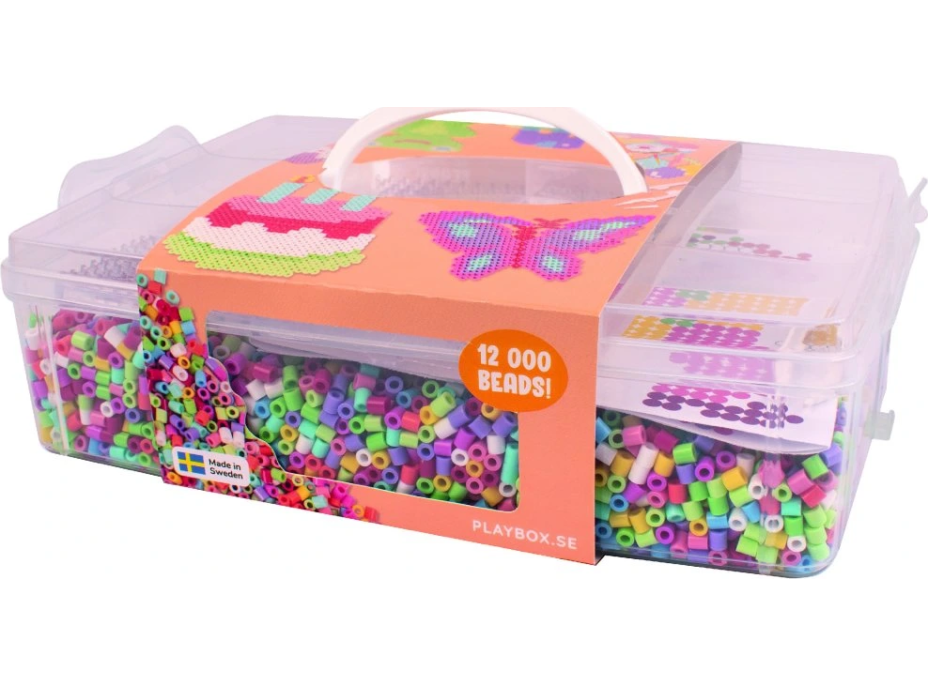 PLAYBOX Zažehlovací korálky v plastovém kufříku Happy mix + destička a předlohy 12000ks