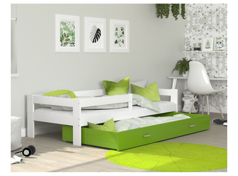 Dětská postel se šuplíkem HUGO V - 160x80 cm - zeleno-bílá