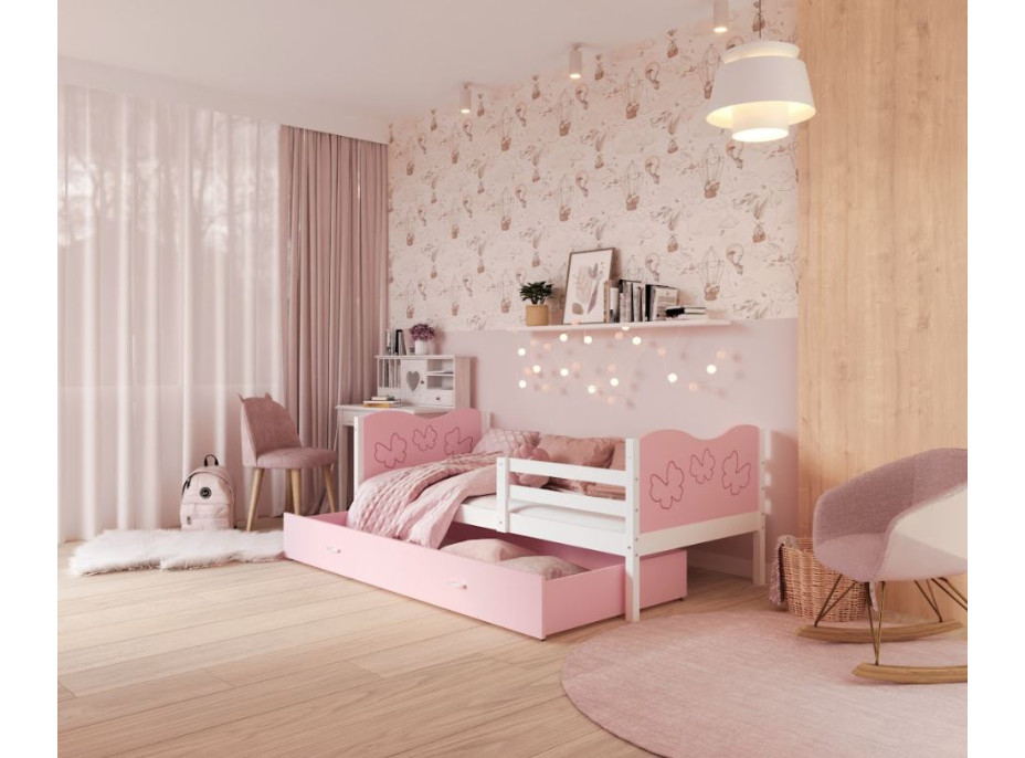 Dětská postel se šuplíkem MAX S - 160x80 cm - růžovo-bílá - motýlci