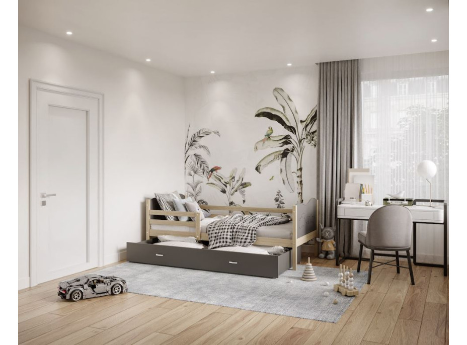 Dětská postel se šuplíkem MAX S - 200x90 cm - šedá/borovice - vláček