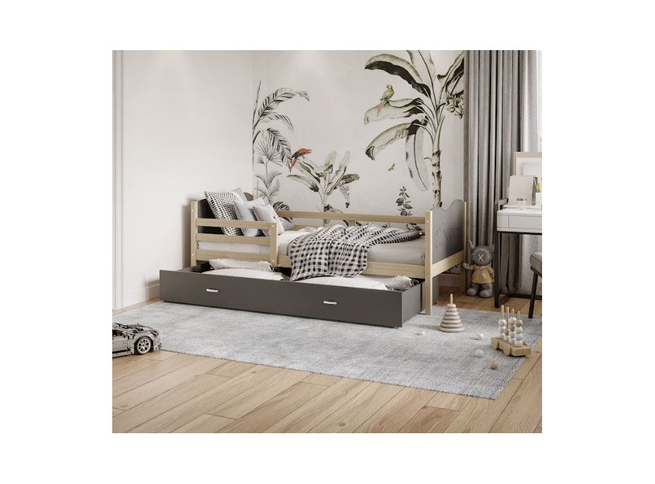 Dětská postel se šuplíkem MAX S - 200x90 cm - šedá/borovice - vláček