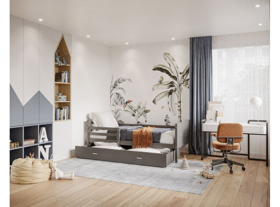 Dětská postel se šuplíkem MAX S - 200x90 cm - šedá - vláček