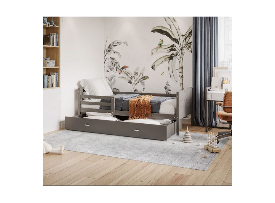 Dětská postel se šuplíkem MAX S - 200x90 cm - šedá - vláček