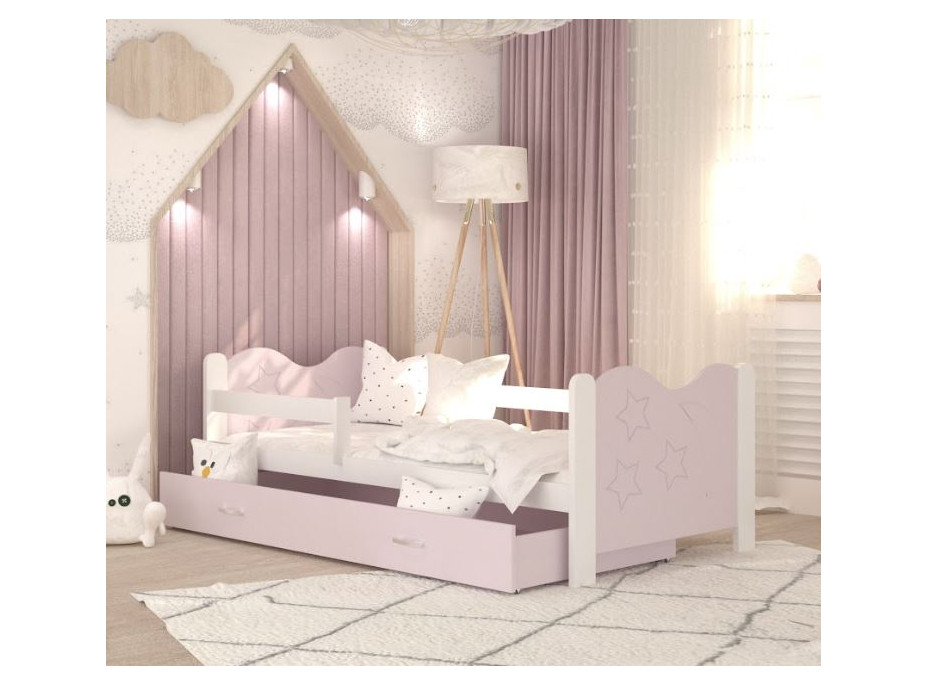 Dětská postel se šuplíkem MIKOLÁŠ - 160x80 cm - růžovo-bílá - měsíc a hvězdičky