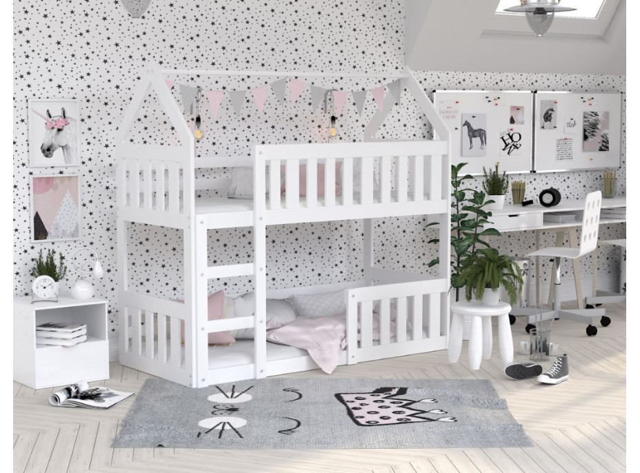 Dětská patrová domečková postel z masivu borovice MINI s Montessori lůžkem - 190x80 cm - bílá
