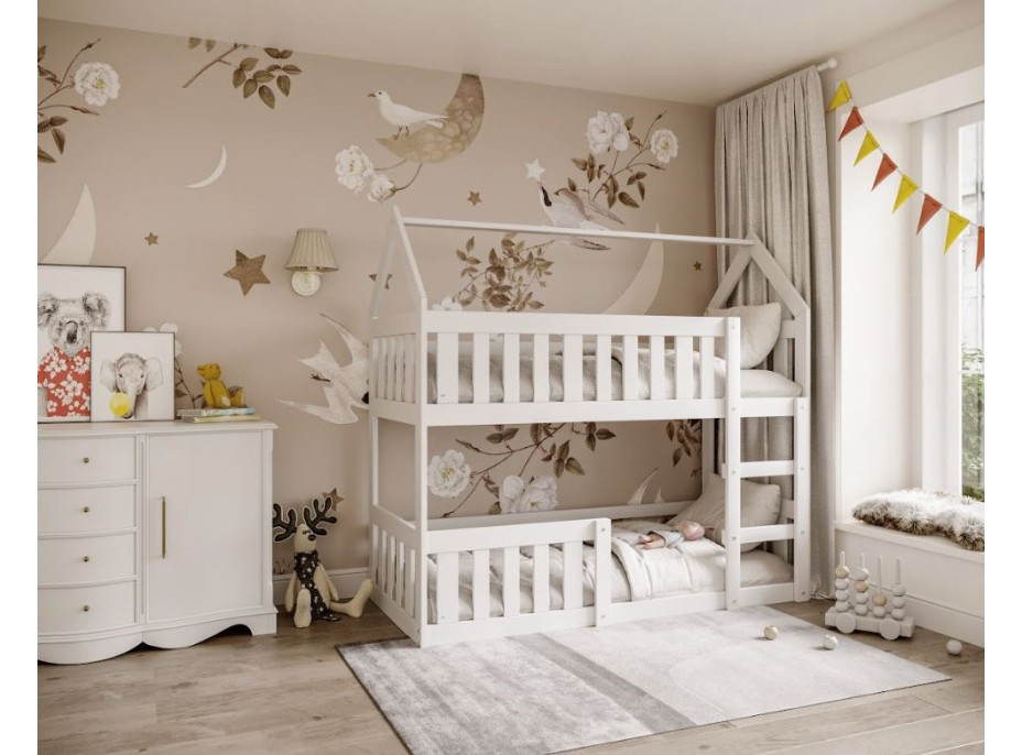 Dětská patrová domečková postel z masivu borovice MINI s Montessori lůžkem - 160x80 cm - bílá