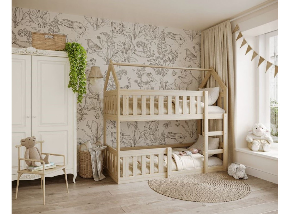 Dětská patrová domečková postel z masivu borovice MINI s Montessori lůžkem - 190x80 cm - přírodní borovice