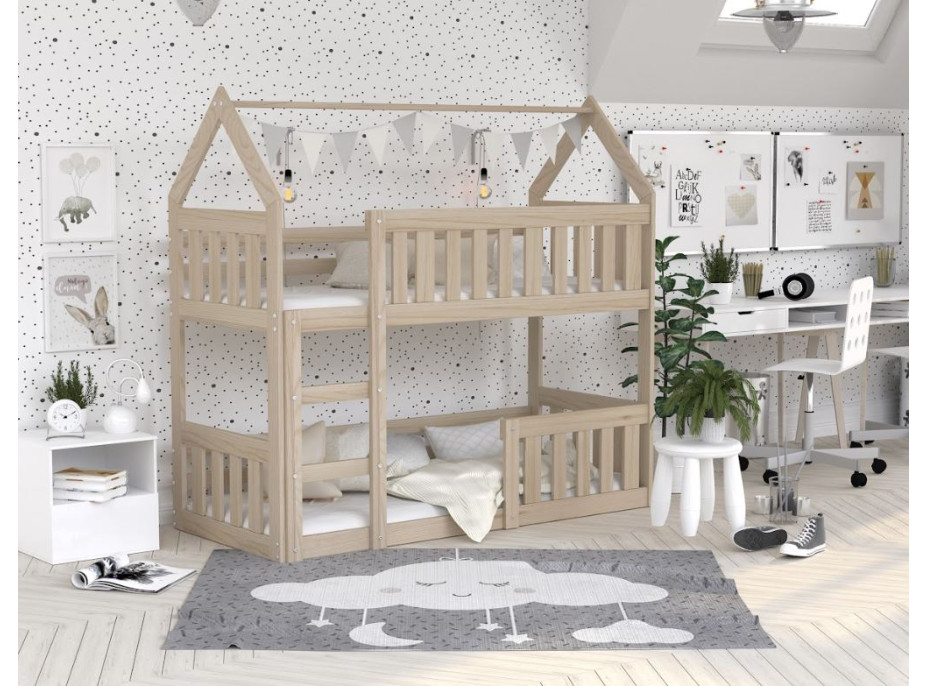 Dětská patrová domečková postel z masivu borovice MINI s Montessori lůžkem - 190x80 cm - přírodní borovice