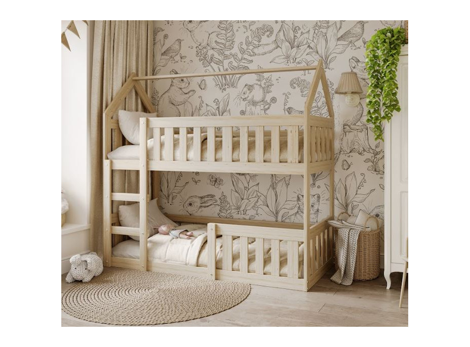 Dětská patrová domečková postel z masivu borovice MINI s Montessori lůžkem - 190x80 cm - přírodní borovice