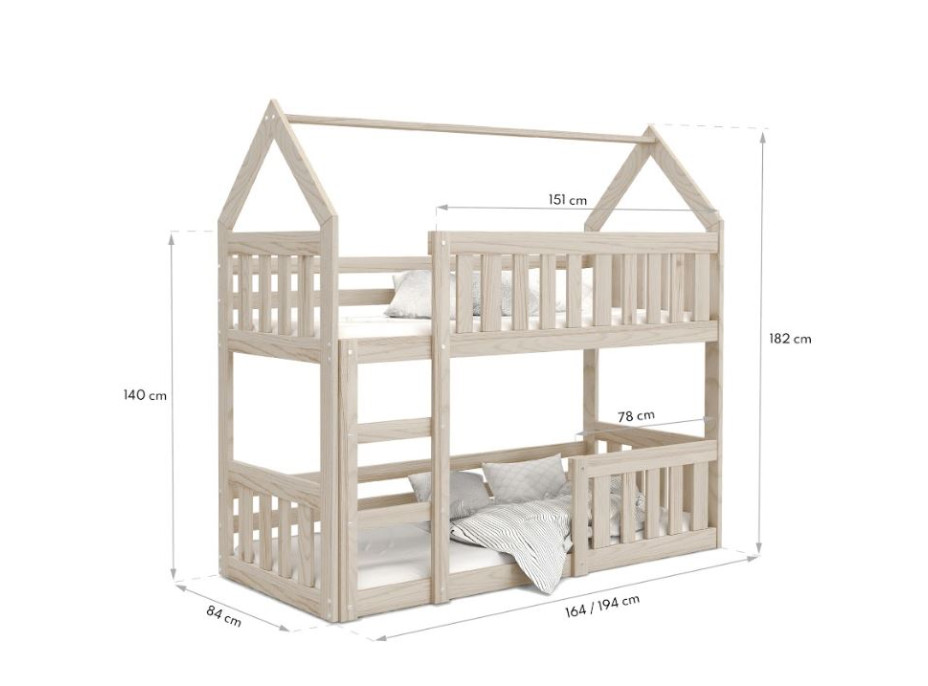 Dětská patrová domečková postel z masivu borovice MINI s Montessori lůžkem - 160x80 cm - šedá